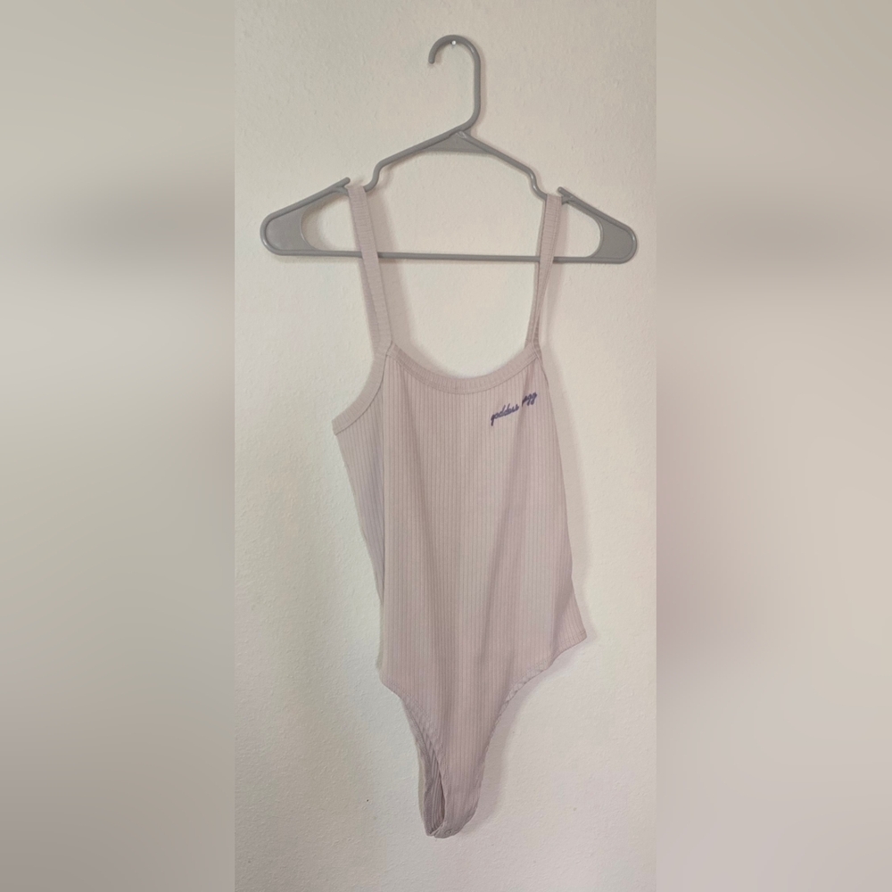 Forever 21 Ribbed Bodysuit Beige Tan Neutral Streetwear Embroidered New Size L